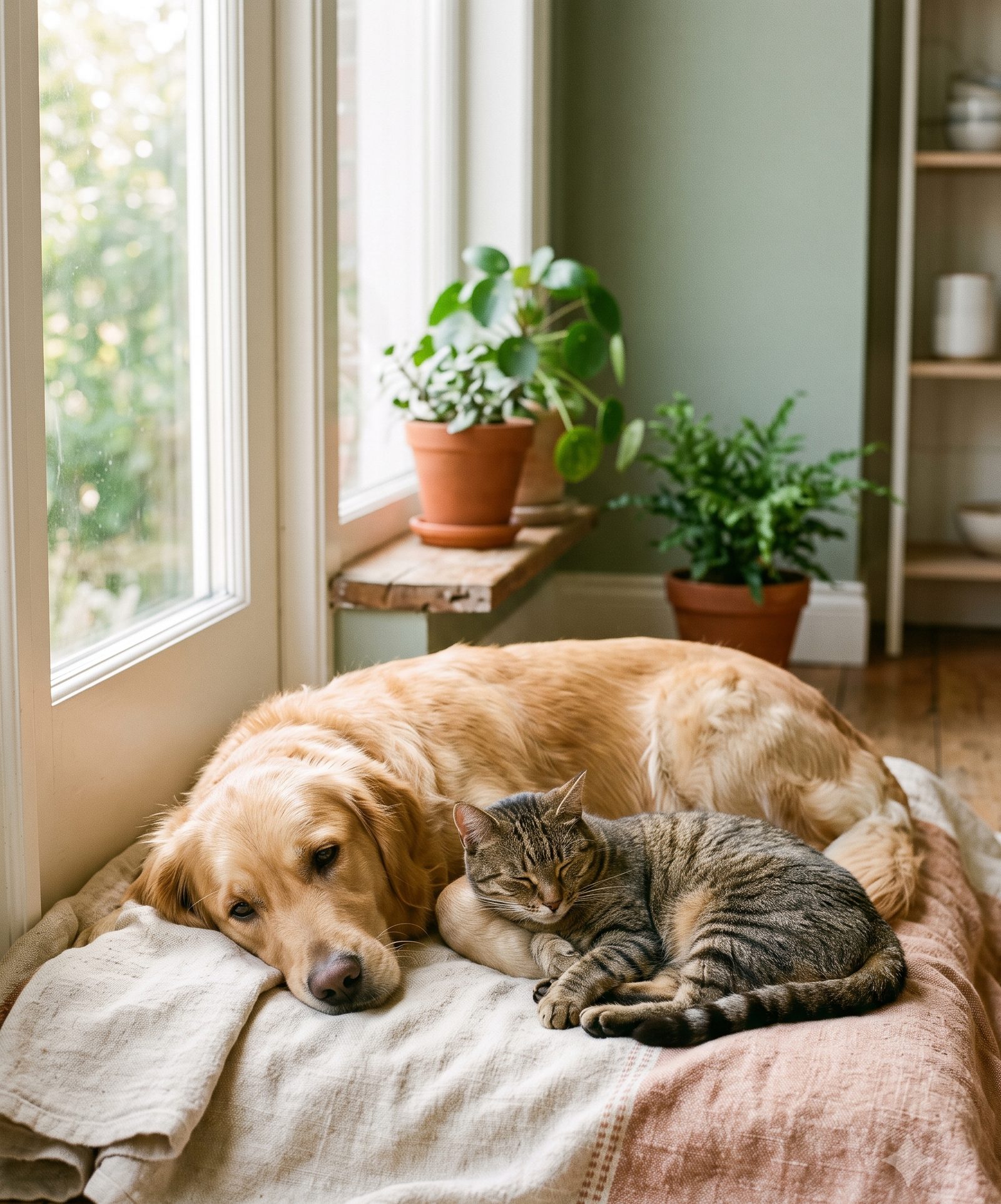 Hund und Katze liegen entspannt nebeneinander am Fenster