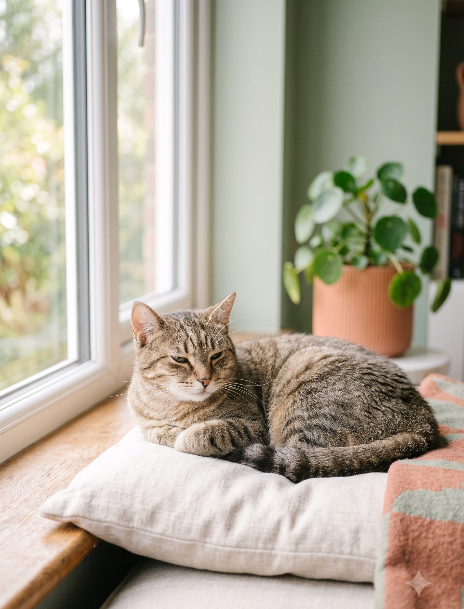 Getigerte Katze ruht entspannt am Fenster